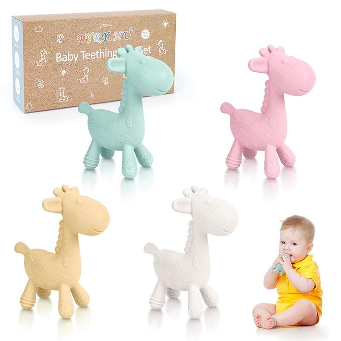 TYRY.HU Baby Teething Toys for Babies 0-6 6-12 Months,BPA Free Silicone Giraffe Teethers Toys, Soft-Textured Chew Toys, Montessori Sensory Toys for Boys Girls Teething Relief, 4 Pack