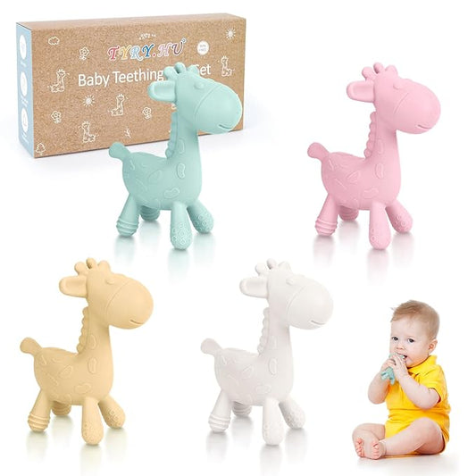 TYRY.HU Baby Teething Toys for Babies 0-6 6-12 Months,BPA Free Silicone Giraffe Teethers Toys, Soft-Textured Chew Toys, Montessori Sensory Toys for Boys Girls Teething Relief, 4 Pack