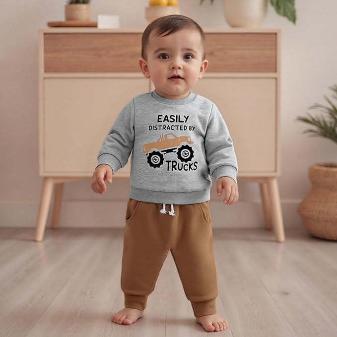 WZTYYDS Toddler Baby Boy Fall Clothes Letter Truck Long Sleeve Pullover Sweatshirt Tops Joggers Pants Set Winter Outfits