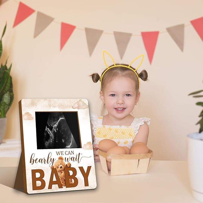 ALodr Bear Baby Shower Decorations, Baby Shower Sign Picture Frame, Cute Bear Shower Gender Reveal, Pregnancy Milestone Keepsake, Pregnancy Announcement Sonogram Photo Frames,Brown