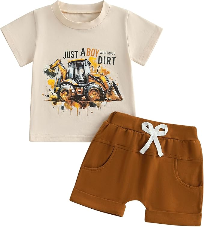 Toddler Baby Boy Clothes Summer Short Sleeve Trucks Tractors Print T-Shirt Tops Solid Color Shorts Set Casual Outfit