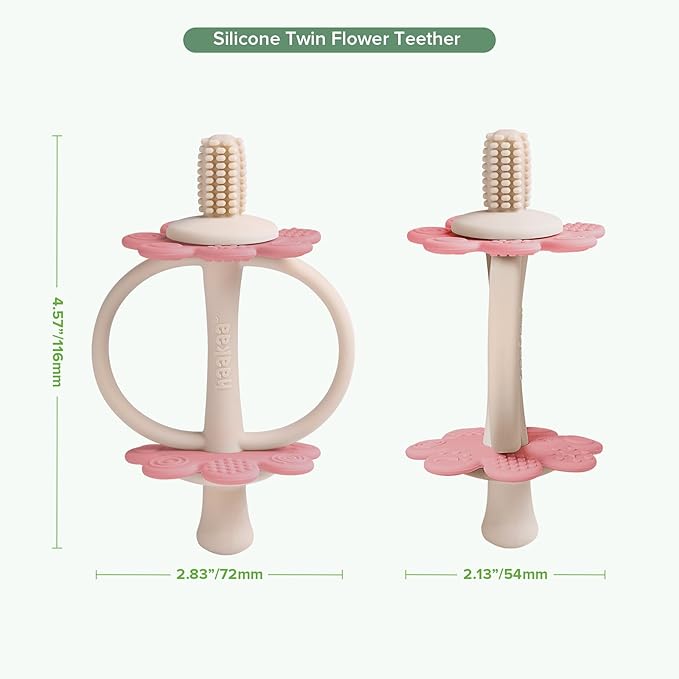 haakaa Silicone Twin Flower Teether,Nipple-Shaped End for Gum Massage,360° Baby Toothbrush Head for Self-Brushing Training,Easy to Grip - Rosehip