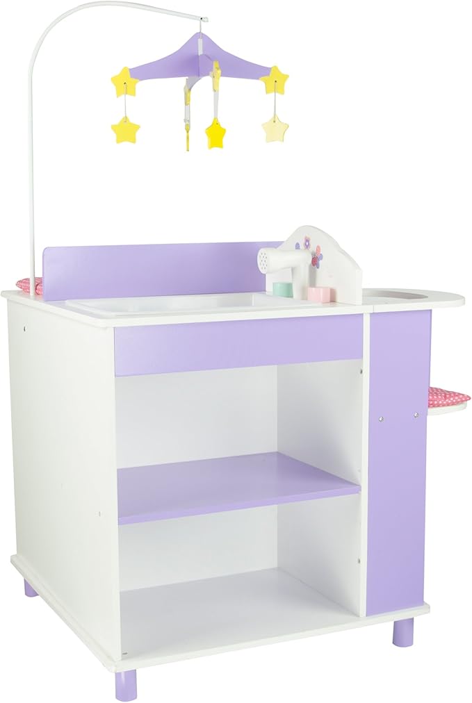 Olivia's Little World Little Princess Baby Doll Two-Sided Wooden Baby Doll Changing Station with Storage Shelves, Closet, Highchair, Changing Table, and Sink, White with Purple and Pink Accents