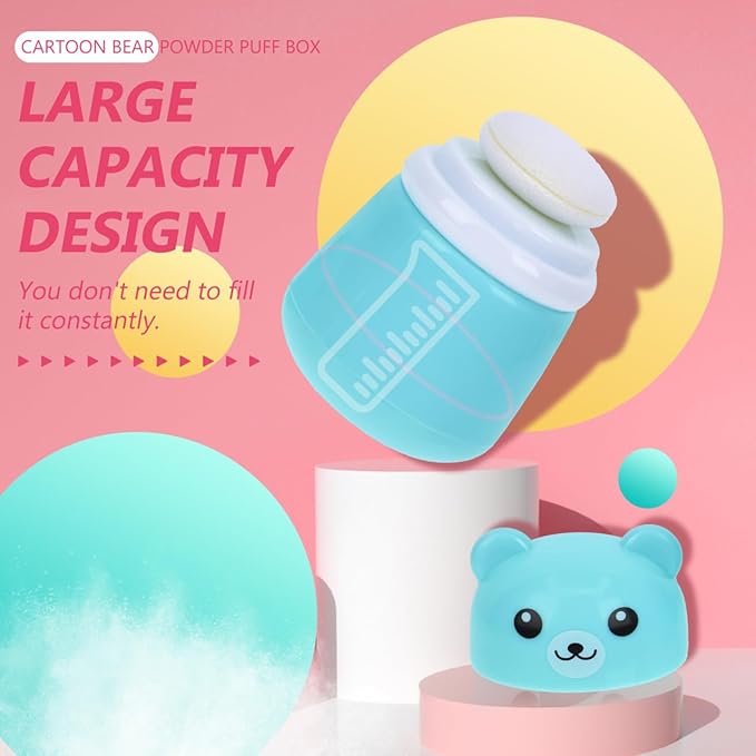 Cartoon Bear Baby Powder Puff Box Infant Talcum Powder Container with Puff Portable Loose Dispenser for Baby Skin Care 3.93X2.75X2.75In