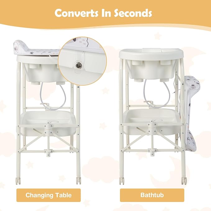 HONEY JOY 2-in-1 Baby Bathtub & Changing Table, Foldable Infant Diaper Changing Station with Wheels, Storage Tray, Waterproof Pad, Portable Newborn Nursery Organizer Bath Stand for Boys Girls (White)