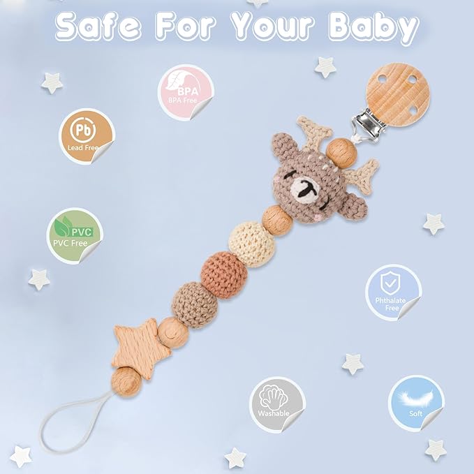 Pacifier Clip, Cute Animal Pacifier Holder Clip for Boys and Girls, Most Pacifiers, Baby Teethers, Baby Shower and Baby Essentials(Elk)