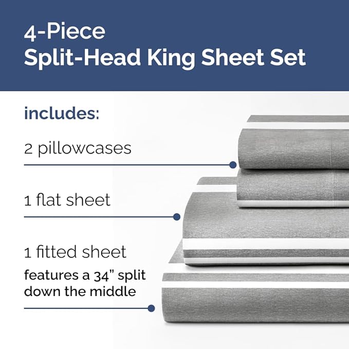 Flex Top Split Head King 4 Piece Sheet Set - Comfy Breathable & Cooling Bed Sheets Set - Hotel Luxury Bedding for Women, Men, Kids, Teens, Boys & Girls - Deep Pockets, Soft - Oeko-Tex - Grey Stripes