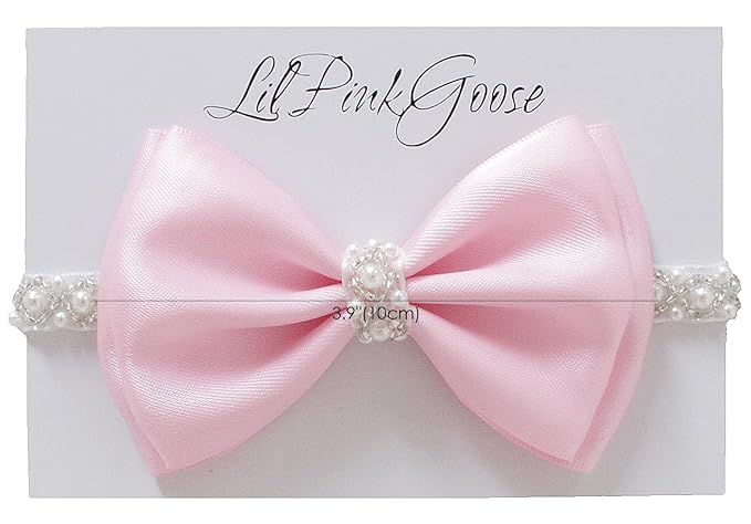 0-12 Newborn Baby Baptism Pearl Headband or Clip with Bow in WHITE Christening Headband with Satin Bow, Pearl Rhinestone Band (Pink(6-12Months), 1 Count (Pack of 1))