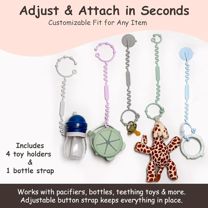 Silicone Baby Toy Straps – 5 Pack Adjustable Toy Holders for Stroller, High Chair & Car Seat – Durable Pacifier Leash, Bottle Strap & Baby Travel Essential