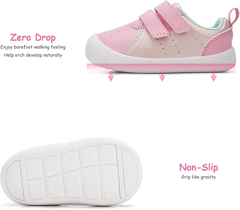 Baby Shoes Boys Girls First Walking Shoes Wide Toe Box Barefoot Zero Drop Infant Shoes Lightweight Nonslip Soft First Walkers PU Leather Toddler Sneakers for 6-24 Months