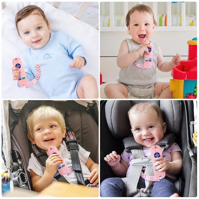 Silicone Baby Teething Toys, Remote Control Shape Teethers Toys with Teething Tubes and Pacifier Clip, Baby Teething Toys for 3 Months+, Remote Teething Toy BPA Free/Freezable/Dishwasher Safe(Pink)