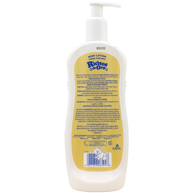 Ricitos de Oro Honey and Argan Baby Body Lotion That Helps Smooth Baby Skin -Hypoallergenic with Honey Bee Extract Delicious Scent, 2-Pack of 12.8 FL Oz Each, 2 Bottles.