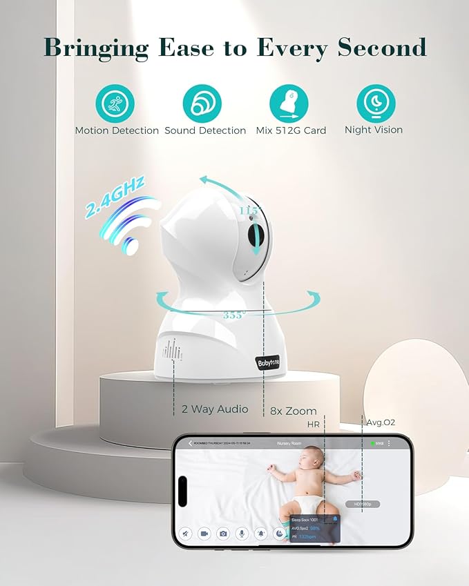 Babytone Baby Monitor - Smart Sleep Sock & 2.5K HD Camera, Track Heart Rate and Movement, Cry/Motion Detect, Two-Way Audio and Night Vision Baby Monitor with APP