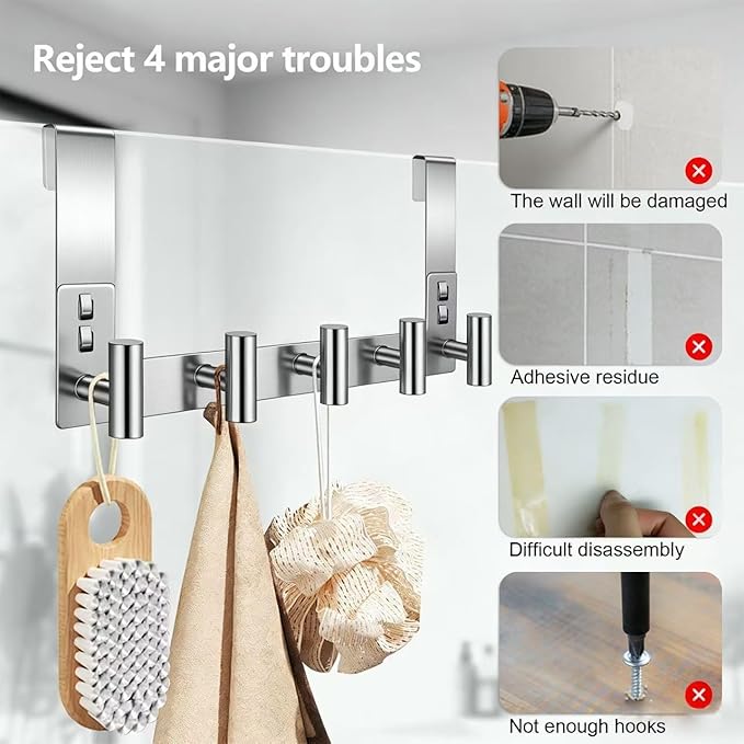 PMMASTO Shower Door Hooks, (7.5 Inch) Extended Towel Hook for Bathroom Frameless Glass Shower Doors, Stainless Steel Heavy Duty Holder for Hanging Robe,Towel (Silver 5 T-Hooks-Fits 3/8" Thick Door)