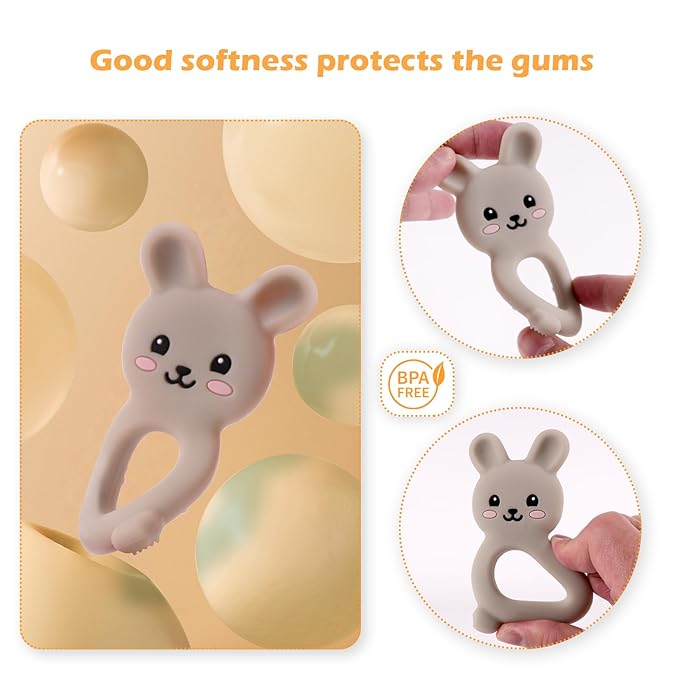 Baby Bunny Teether, Food-Grade Silicone Toy for Infants 3–12 Months, Easy-Grip Chew Toy with Textured Ears for Sensory Exploration, Freezable & Dishwasher Safe (Light Grey)