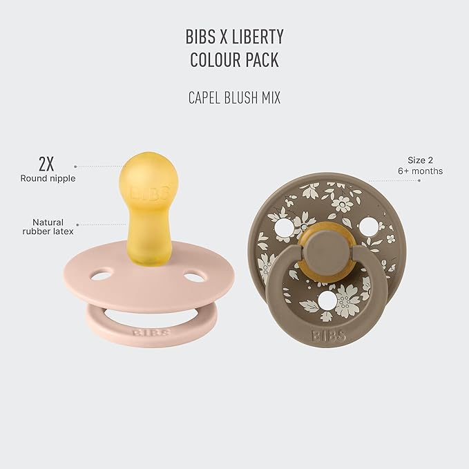 BiBS Liberty Pacifier 2-Pack, BPA Free Pacfiers with Natural Latex Round Nipple, Made in Scandinavia, Size 2 (6-18 Months), Capel Blush