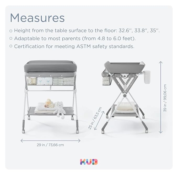 KUB Portable Baby Changing Table, Foldable Diaper Changing Table with Wheels for Nursery, Toddler Changing Table with Adjustable Height, Portable Changing Table for Newborn, Infant Grey