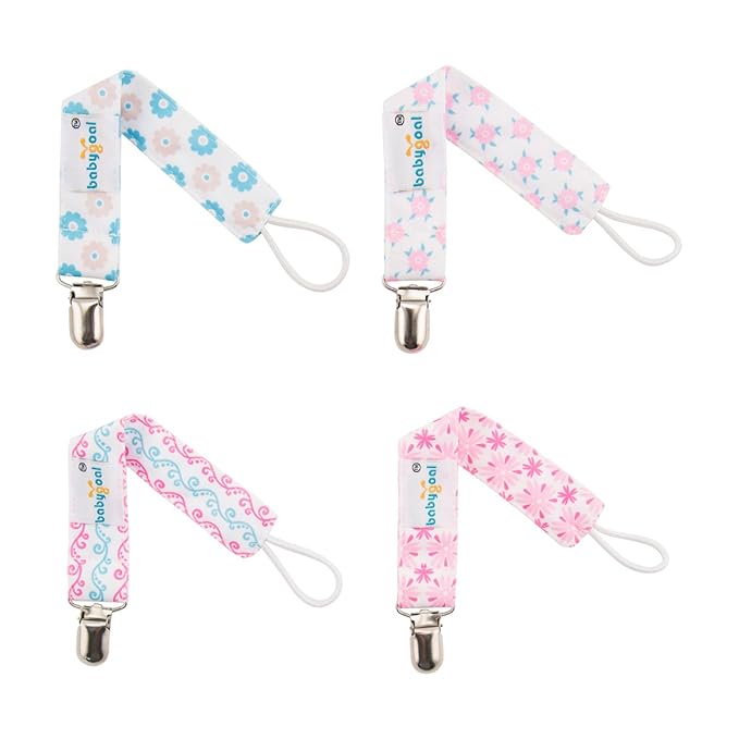 babygoal Baby Girl Pacifier Clips with Pacifier Case, 4 Pack Metal Clips for Boys and Girls Fits Most Pacifiers and Binkies 4MP04-HZ
