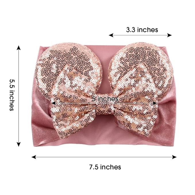 JIAHANG Baby Girl Mouse Ears Turban Headwrap with Gold Sequin Bows, Wide Velvet Hairband for Newborn, Toddler, and Kids - Party Supplies