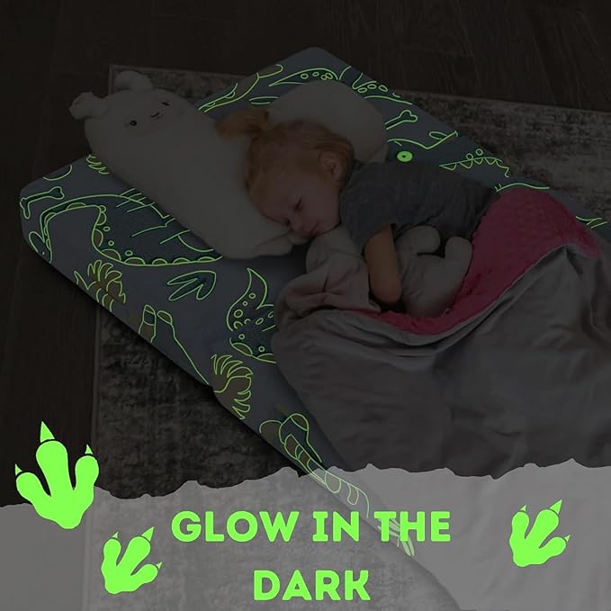 MeMoreCool Glow Dinosaur Kids Foldable Floor Mattress Mat with Carry Bag, 3-in-1 Tri-Fold Futon, Soft Plush Glow Cover, Portable for Travel, Blue 63x26 Inch