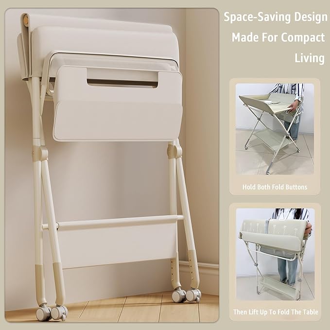 Changing Table, Portable Baby Changing Table with Wheels, Upgraded Foldable Diaper Changing Station with 5-Level Adjustable Height & Large Nursery Organizer Storage for Newborn Infant (Beige)