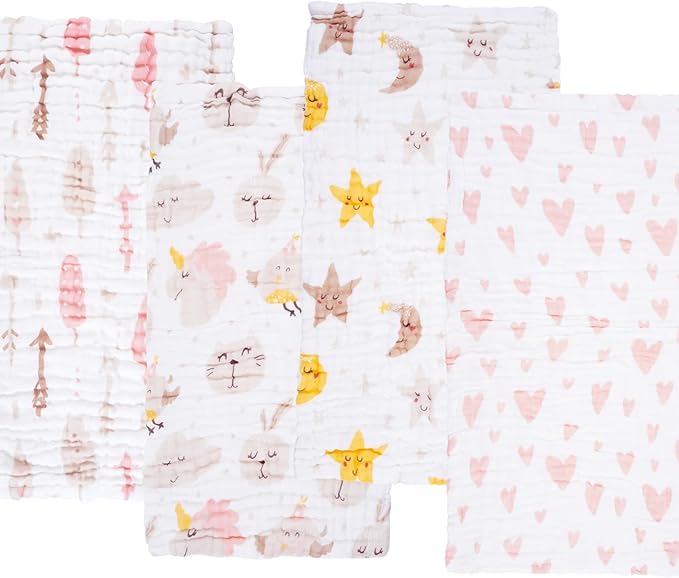 Viviland Baby Muslin Burp Cloths, 10 x 20 inches 6-Layer Baby Bath Towels, 100% Cotton Super Absorbent Washcloths for Baby Girl and Boy, Pink Heart & Star Pattern 4 Pack