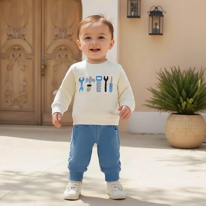 FOCUSNORM Toddler Baby Boy Fall Winter Outfit Excavator Embroidered Long Sleeve Sweatshirt Elastic Jogger Pant 2 Pcs Clothes