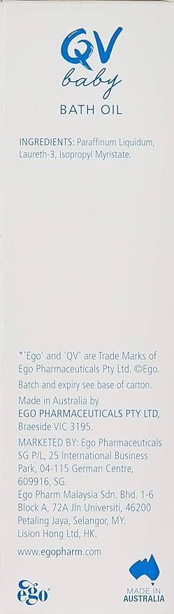 QV Baby Bath Oil 250ml -Moisturising Formula Helps Revive Large Areas of Dry or Sensitive Skin. Suitable for use on Dry Skin, Eczema, Dermatitis and Psoriasis.