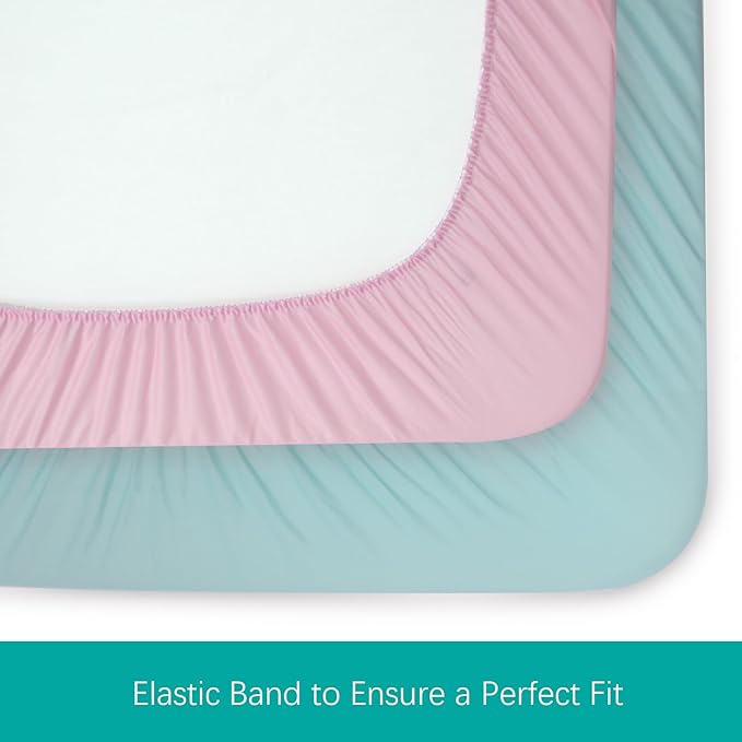 Biloban Pack and Play Sheets Fitted, 2 Pack Pack and Play Sheet Fits for Graco Pack n Play Mattress, Neutral Playard Sheets for Baby Boys and Girl, Pink & Aqua