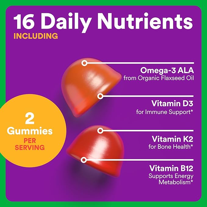 SmartyPants Organic Toddler Multivitamin Gummies: Omega 3 (ALA), Vitamin D3, C, Vitamin B12, B6, A, K & Zinc for Immune Support, Biotin, Vegetarian, Two Fruit Flavors, 60 Count (30 Day Supply)
