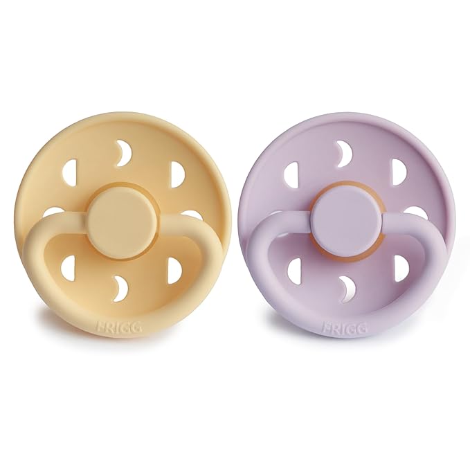FRIGG Moon Natural Rubber Baby Pacifier | Made in Denmark | BPA-Free (Soft Lilac/Daffodil, 0-6 Months) 2-Pack