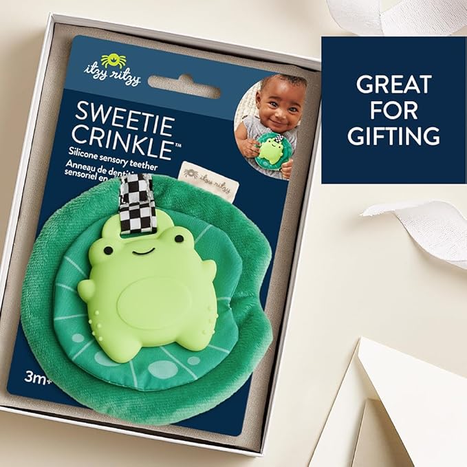 Itzy Ritzy Crinkle Teether Toy – Silicone Frog Teething Toy with Crinkly Lilypad & Plush Velour Layer – Features Multiple Textures for Teething Relief – Designed for Ages 3 Months and Up (Frog)