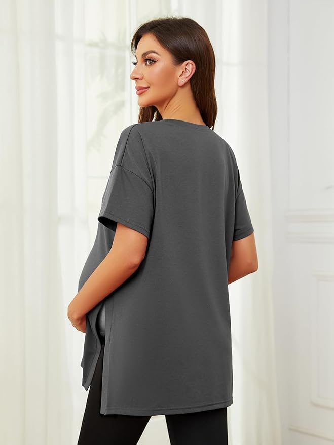 Ecavus Women's Casual Maternity Shirts Split Side Pregnancy Tops Blouses Short Sleeve Loose Fit Maternity Clothes