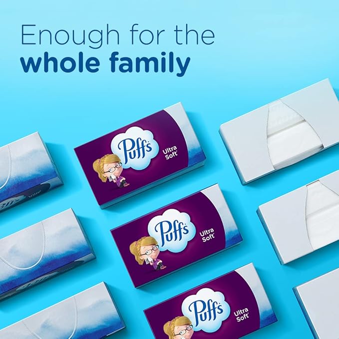 Puffs Ultra Soft Facial Tissues, 1 Family Size Box, 124 Facial Tissues Per Box (Pack of 4)
