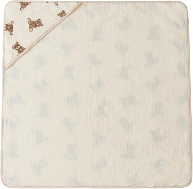 Little Jump Hooded Baby Towels for Newborn - 2 Pack 100% Cotton Muslin Baby Bath Towel, Soft and Absorbent for Boys Girls Infant, Large 32x32 Inches (Teddy Bears & Khaki)