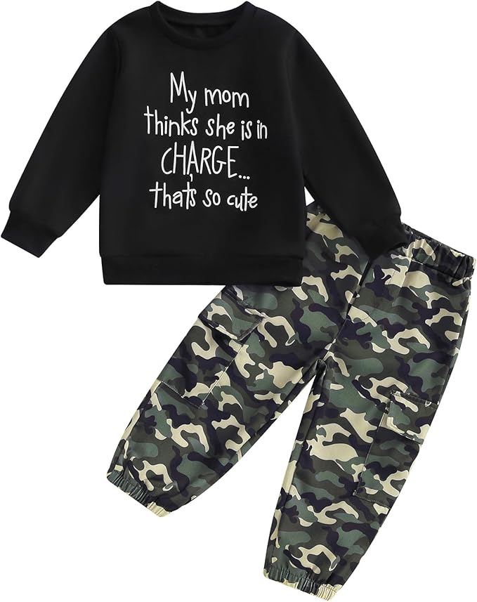 wdehow Toddler Kids Baby Boy Fall Outfits 1T 2T 3T 4T 5T Letter Print Long Sleeve Tops Camouflage Pants Winter Clothes Sets