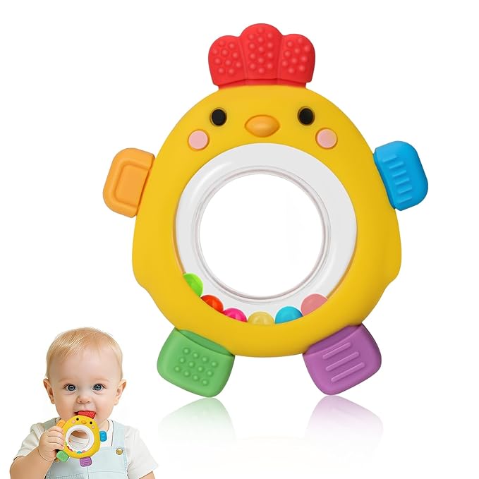 Baby Teething Toy for Babies Over 3 Months, BPA-Free Silicone Teether, Teething Relief & Fun Play with Rattle, Perfect Baby Easter Basket Stuffers & Baby Toys
