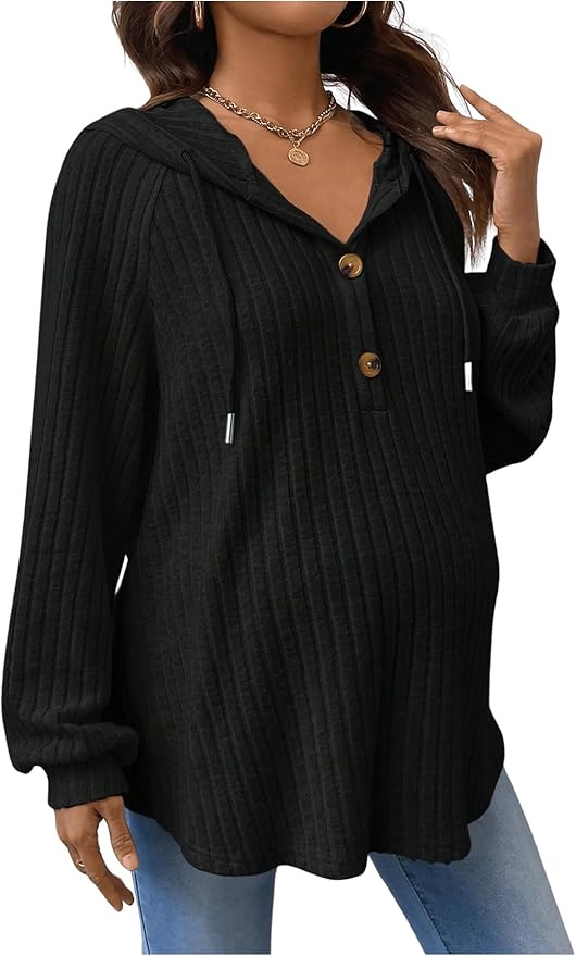 Women's Maternity Half Button Sweatshirts Long Sleeve Ribbed Knit Pregnancy Shirt Spring Clothes