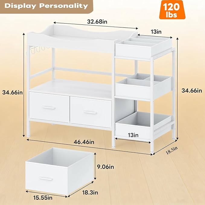 Baby Changing Table with Storage,Heavy-Duty Diaper Changing Station, White Nursery Dresser Organizer with 2 Large Fabric Baby Drawers, 3 Diaper Caddy Bin & Wood Shelf, Kids & Baby Bedroom Furniture