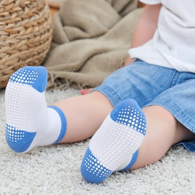 ZAPLES Baby Non Slip Grip Crew Socks with Anti Skid Soles for Infants Toddlers Kids Boys Girls