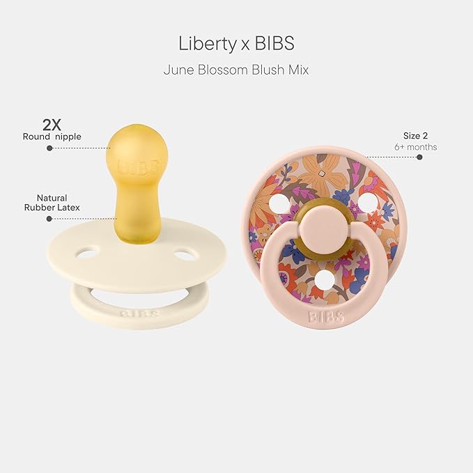 BIBS Liberty Soother 2-Pack, BPA Free Dummy Pacifier, Round Nipple. Natural Rubber Latex, Made in Denmark, Size 2 (6-18 Months), June Blossom Blush Mix