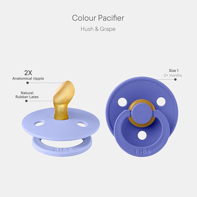 BIBS Colour Anatomical Soother 2-Pack, BPA Free Dummy Pacifier, Orthodontic Nipple. Natural Rubber Latex, Made in Denmark, Size 1 (0-6 Months), Hush/Grape