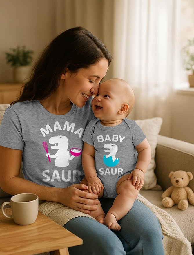Tstars Mama and Baby Saur Matching Outfit Set - Mom Shirt and Bodysuit Gift for Baby Shower or Mother's Day