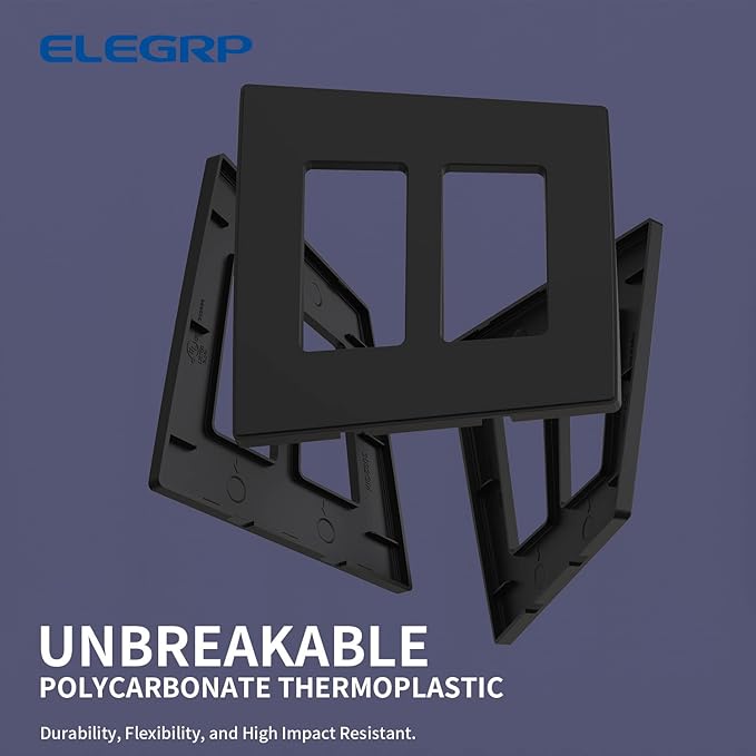 ELEGRP 2-Gang Screwless Decorative Wall Plates, Mid-Size 4.88" height x 4.94" length Unbreakable Thermoplastic Faceplate Cover for Decorator Receptacle Outlet & Switch, UL Listed (2 Pack, Matte Black)