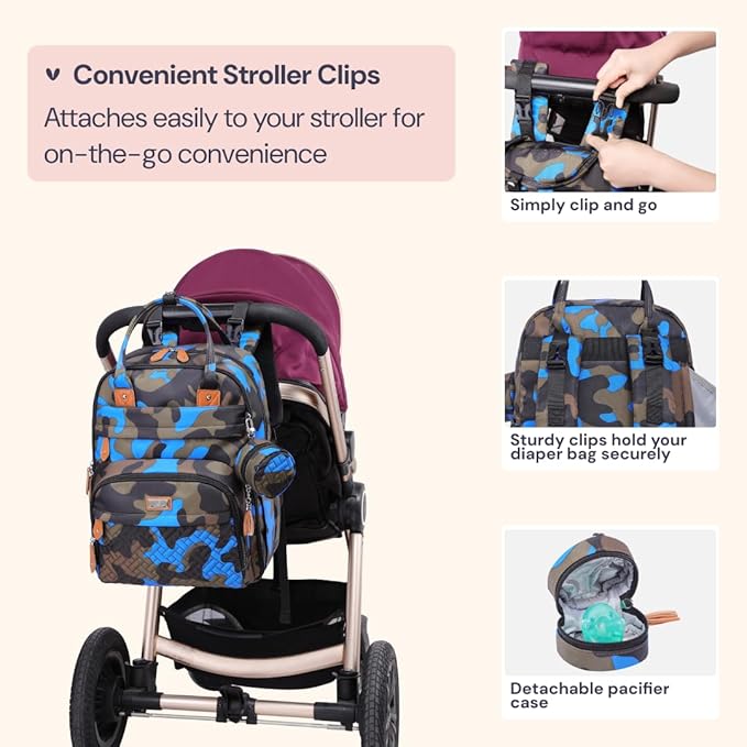 BabbleRoo Diaper Bag Backpack - Baby Essentials Travel Tote - Multi Function Water Resistant Diaper Bag, Travel Essentials Baby Bag with Changing Pad, Stroller Straps & Pacifier Case - Blue Camo