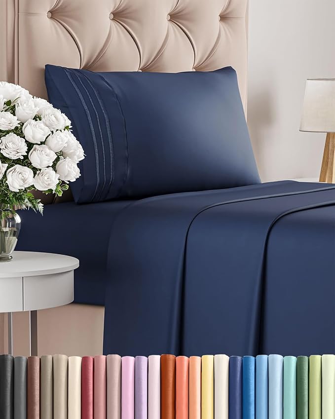 Twin XL Size 3 Piece Sheet Set - Comfy Breathable & Cooling Bed Sheets Set - Hotel Luxury Bedding for Women, Men, Kids, Teens, Boys & Girls - Deep Pockets, Soft, Wrinkle Free - Oeko-Tex - Navy Blue