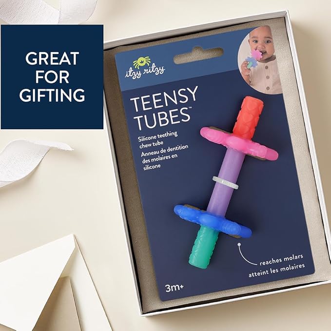 Itzy Ritzy Teensy Tube Teether – Textured Hollow Baby Teething Tube That Reaches Front Teeth & Back Molars, Made of Soft Silicone (Pink Rainbow)