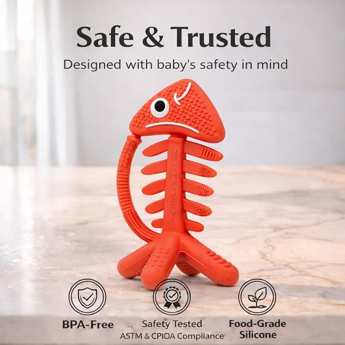 3 in 1 Infant Toys, Baby Teething Toys 3–6 6–12 Months, Teethers for Babies 0–3–6–12 Months for Teething Relief, Baby Gift, Baby Teether Toys, Silicone Sensory Toys, USA Patent Pending, Fish (Coral)
