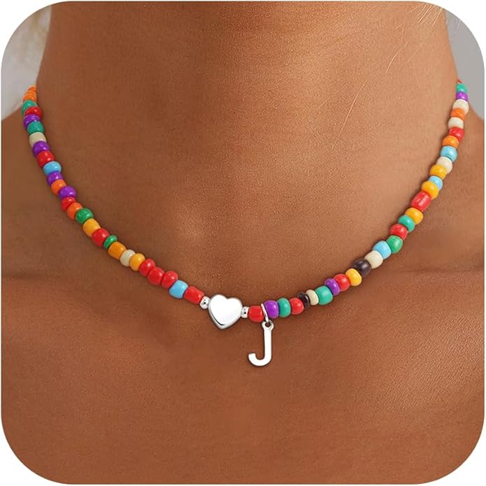 Valentines Day Gifts for Kids Women Girls - Colorful Beaded Initial Necklace Teen Girls Trendy Stuff Dainty Letter Choker Necklace Valentines Day Gifts for Her Mom Wife Jewelry