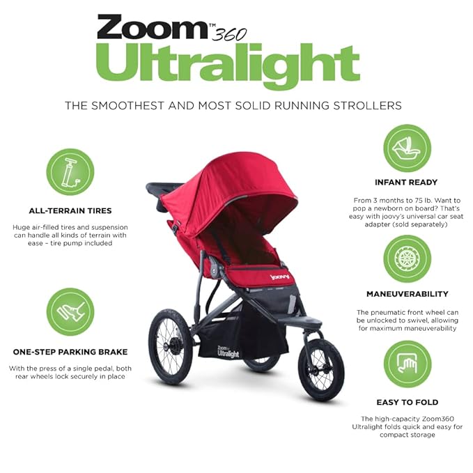 Joovy Zoom360 Ultralight Jogging Stroller Featuring High Child Seat, Shock-Absorbing Suspension, Extra-Large Air-Filled Tires, Parent Organizer, Air Pump, and Easy One-Hand Fold (Red)